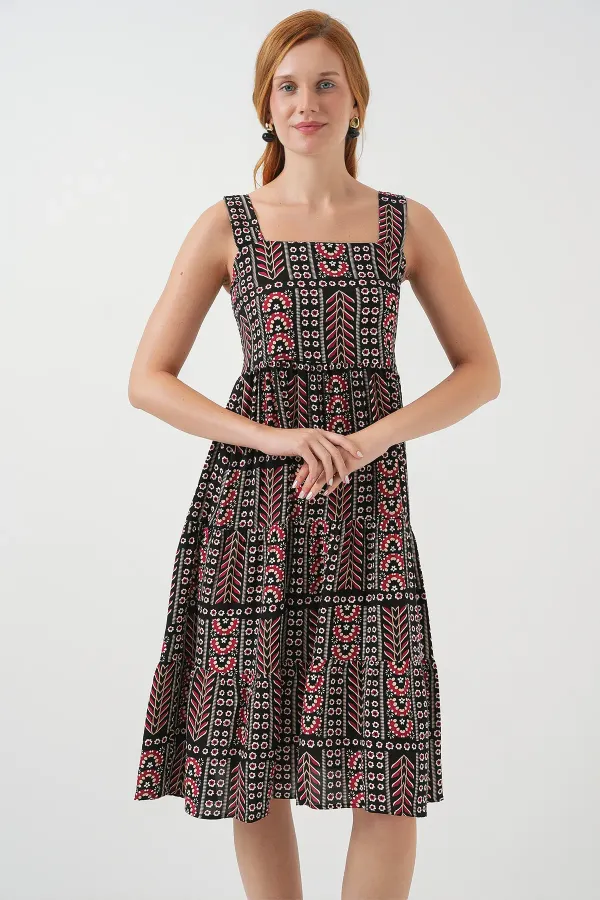 Robe midi à bretelles à motifs pour femme 2577 - Noire