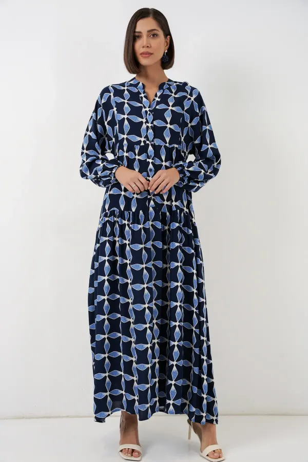 Kadın Desenli Uzun Tesettür Elbise 2585 - M. Lacivert