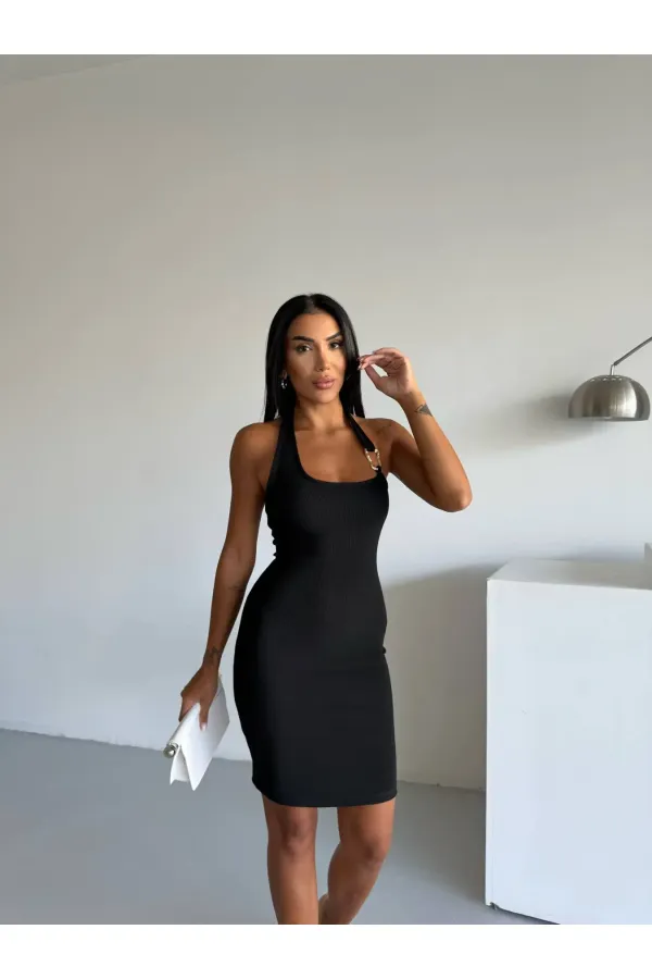 Women's Black Ottoman Fabric Halter Neck Buckle Detail Dress HZL26W-FRY123411