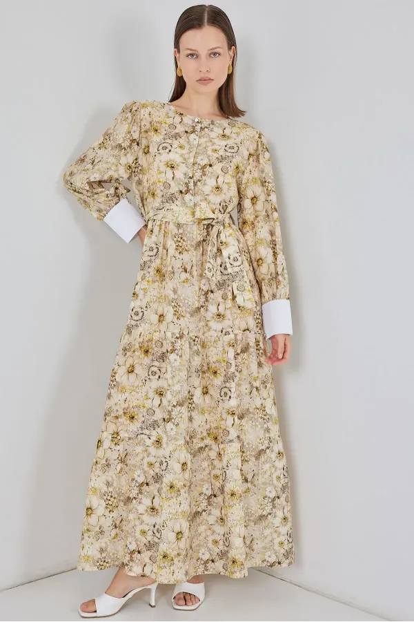 Women's Belted Long Dress 2584 - B.Sarı