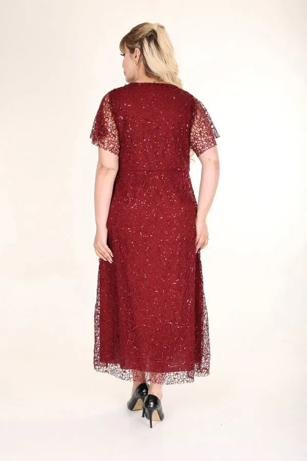 Kadın Bordo Büyük Beden Kruvaze Yaka Payetli Abiye Elbise HZL26S-PR11171
