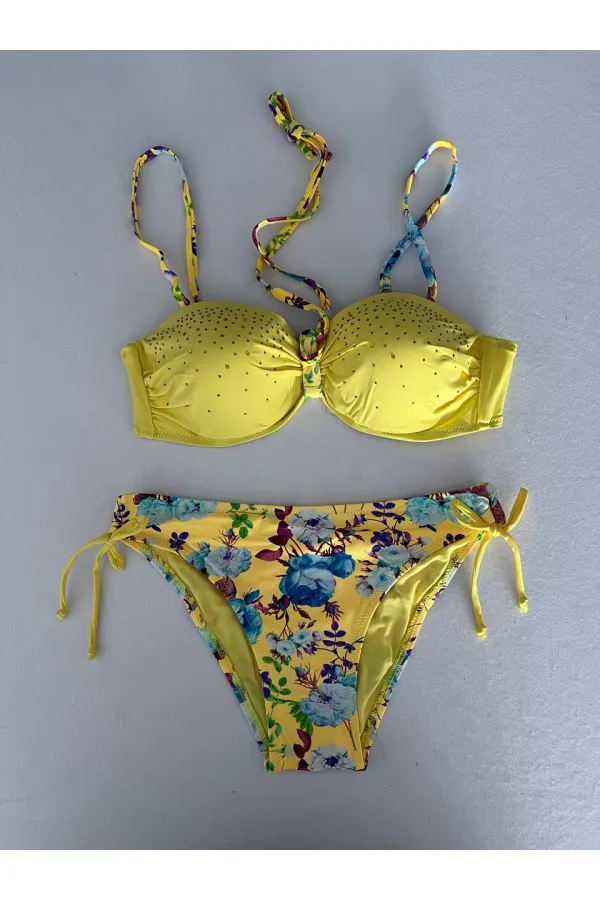 Kadın Sarı Taş İşlemeli Astarlı Bikini Takım HZL25S-LC208