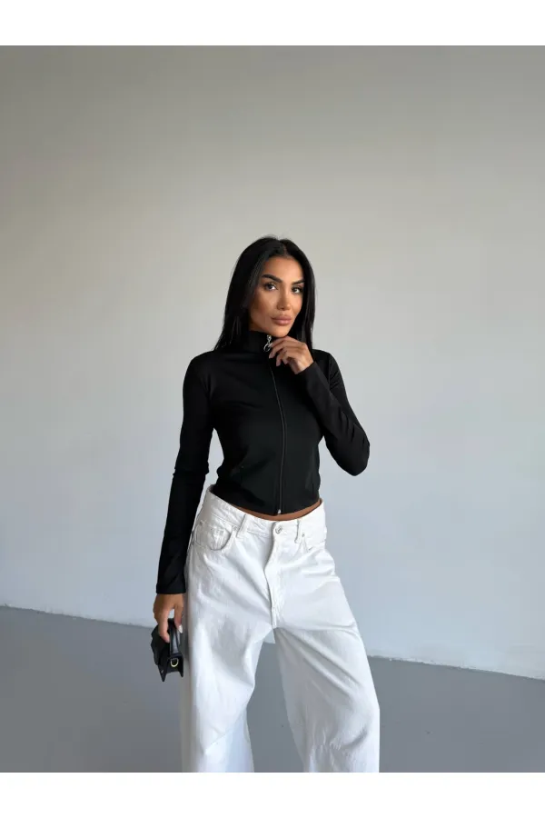 Women's Black Diving Fabric Zippered Finger-Tight Sweatshirt HZL25W-FRY123441