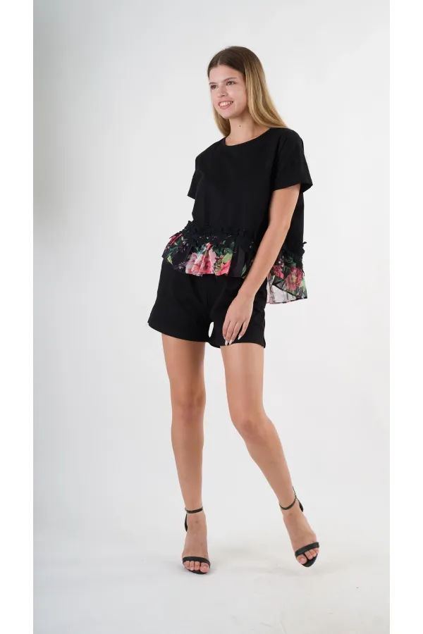 Kadın Siyah Dantel Çiçek Desenli Bisiklet Yaka Bluz HZL24S-YY256