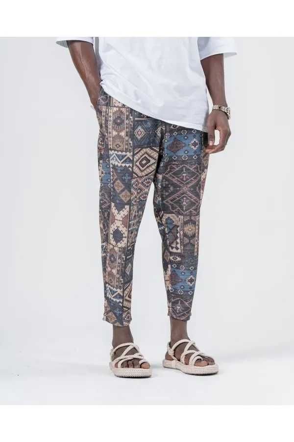 Pantalon de survêtement coupe droite à motif Kilim bleu camel pour homme, taille nouée, HZL24S-MXC8948-266