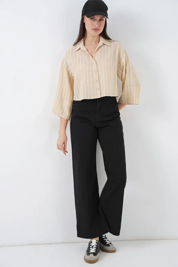 Kadın Çizgili Oversize Kısa Gömlek 20326 - Bej