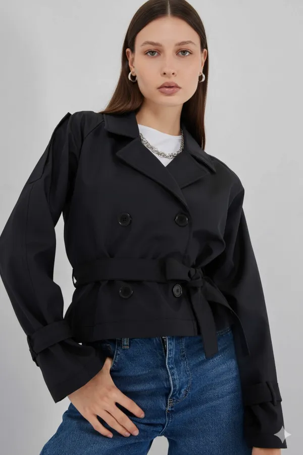 Trench-coat court noir à double boutonnage et ceinture pour femme HZL25W-BD159701