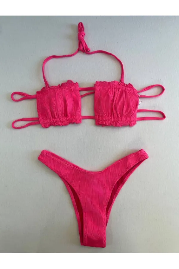 Kadın Pembe İp Bağlamalı Büzgülü Straplez Bikini Takım HZL25S-LC2226