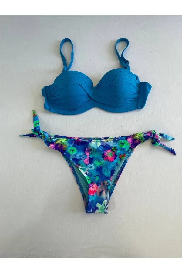 Kadın Mavi Taş İşlemeli Desenli Astarlı Bikini Takım HZL25S-LC203