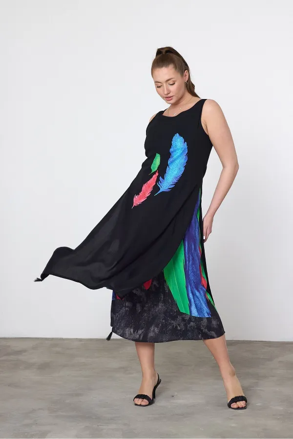 Kadın Siyah Mavi Kuş Tüyü Desenli Astarlı Viskon Elbise HZL25S-VM120251