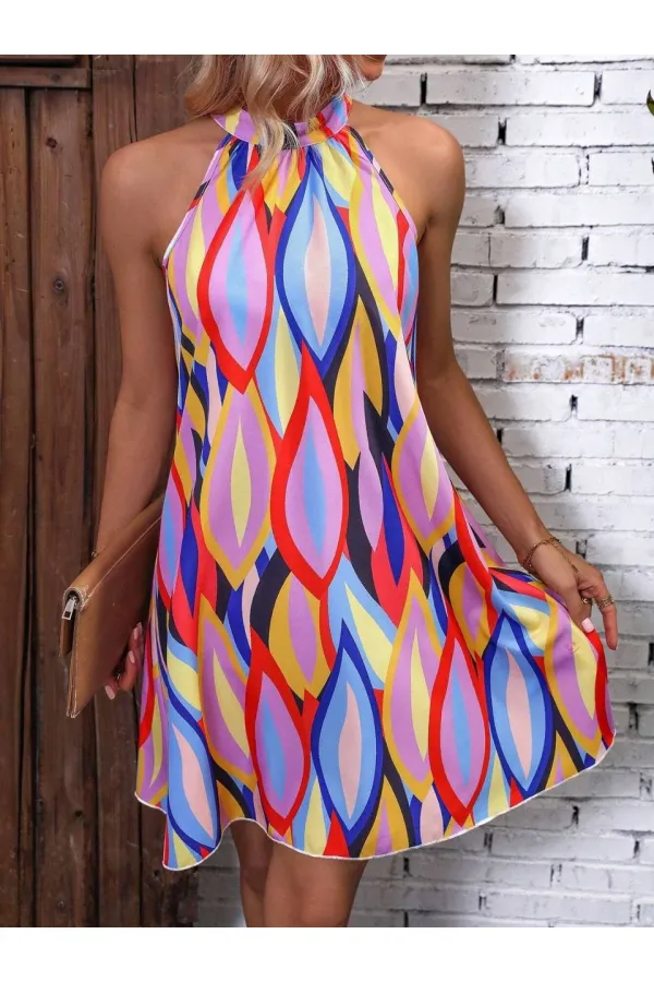 Women's Multicolored Sleeveless Mosscrepe Digital Print Unlined Dress HZL24S-FRY120931