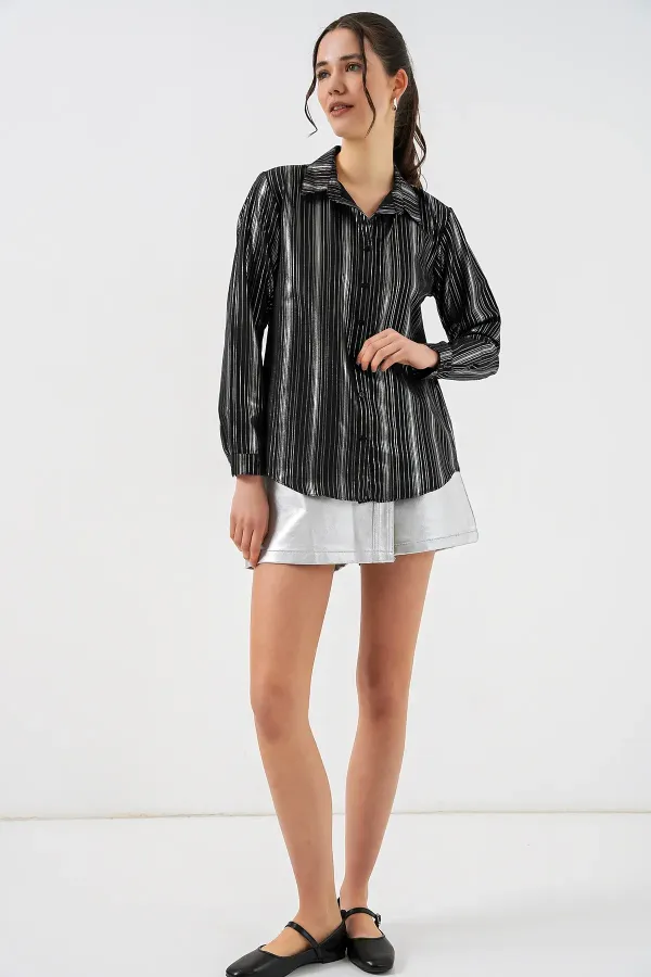 Women's Black Striped Foil Pattern Shirt 20253