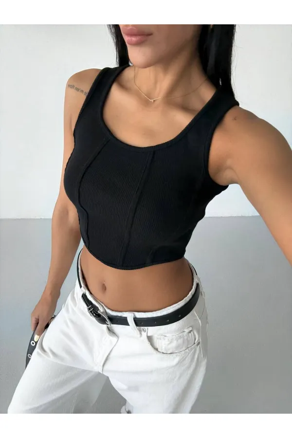 Kadın Siyah Fitilli Kaşkorse Crop Bluz HZL25S-FRY123171
