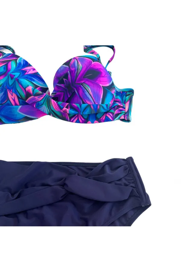 Women's Navy Blue Fuchsia Floral Patterned Lined Plus Size Bikini Set HZL25S-LC24108