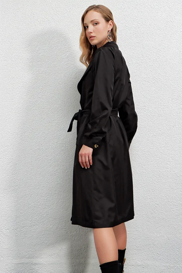 Trench-coat décontracté noir à double boutonnage pour femme, non doublé, avec ceinture, HZL22S-BD158531