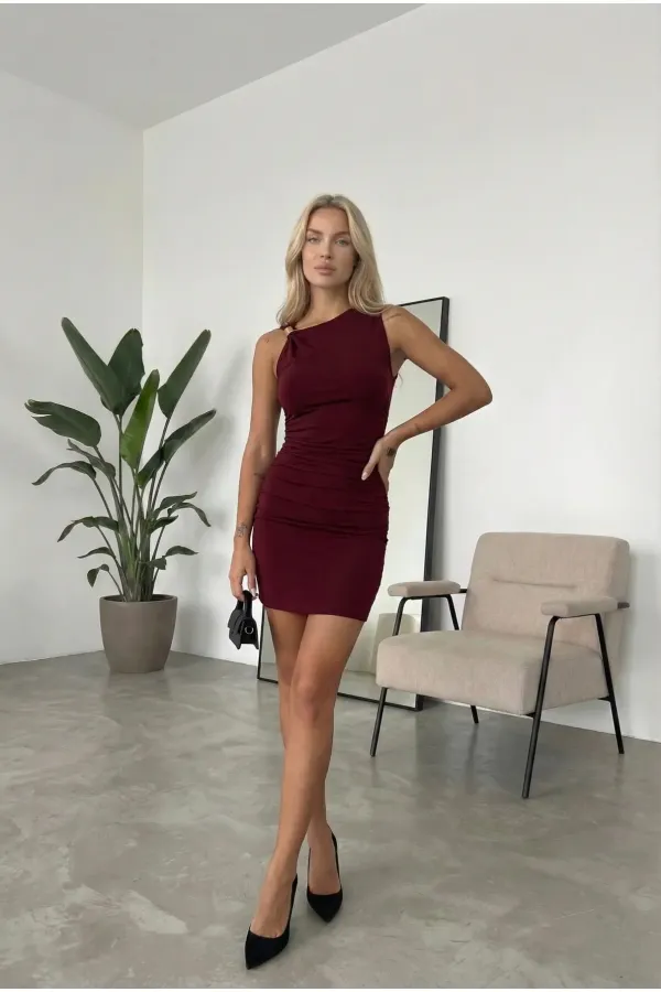 Women's Burgundy Mini Dress with Shoulder Buckle Detail, Sandy Fabric HZL26S-FRY123851
