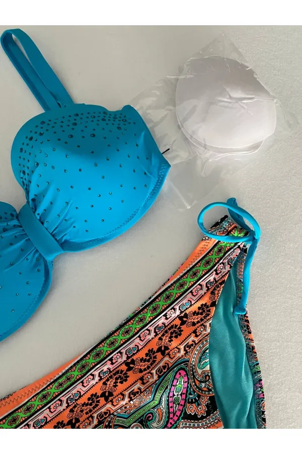 Kadın Mavi Taş İşlemeli Desenli 3 Parça Bikini Takım HZL25S-LC3326