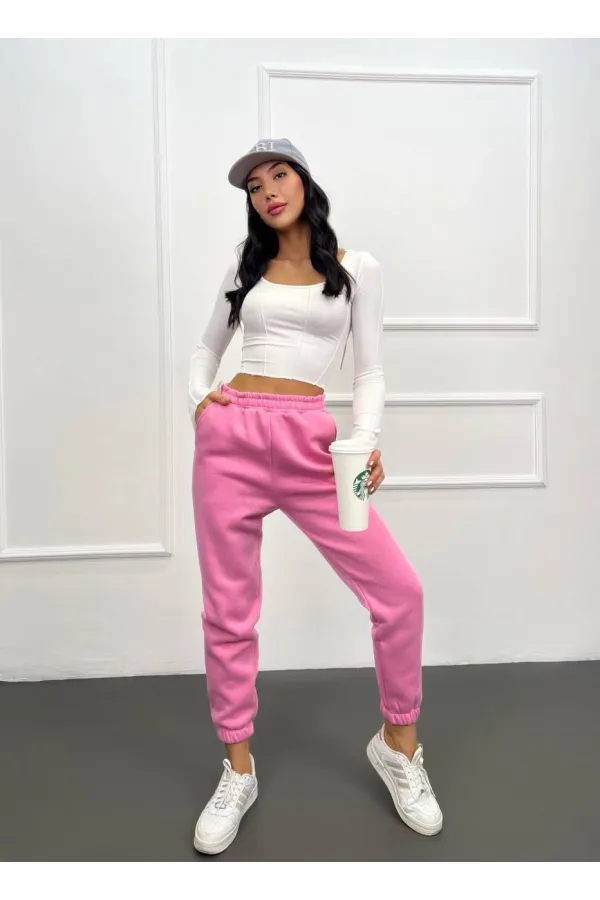 Pantalon de survêtement rose à poches et taille élastique pour femme, taille haute à 3 fils, HZL24W-ZK12321