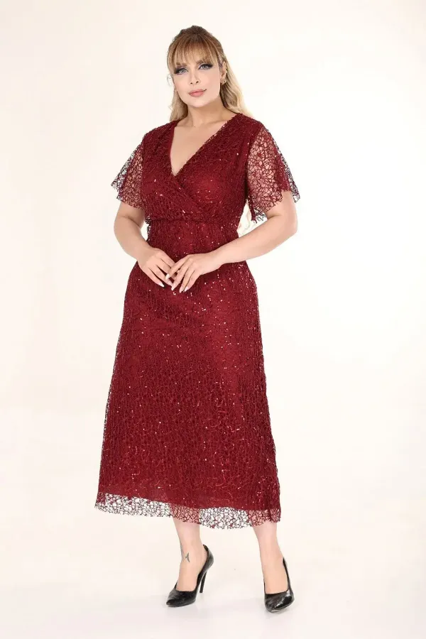Kadın Bordo Büyük Beden Kruvaze Yaka Payetli Abiye Elbise HZL26S-PR11171