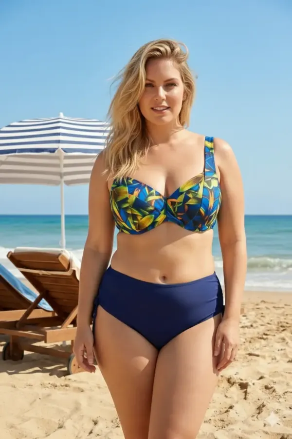 Ensemble bikini grande taille à armatures, motif bleu-vert marine, gainant, à motifs, HZL26S-LC2519