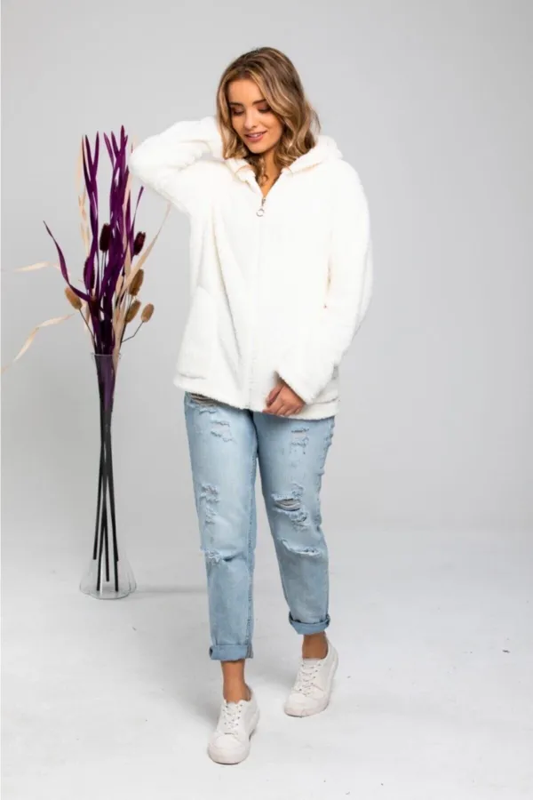 Kadın Ekru Welsoft esnek kumaş Peluş Yumoş Önü Fermuarlı Kapüşonlu Ceket HZL23W-DSB110081