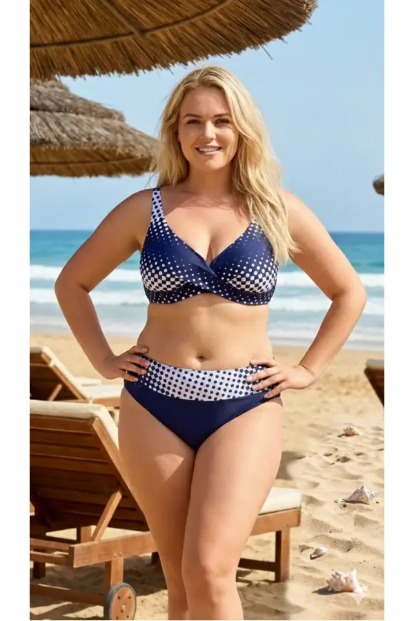 Ensemble bikini doublé grande taille à pois bleu marine et blancs pour femme HZL26S-LC21202-6