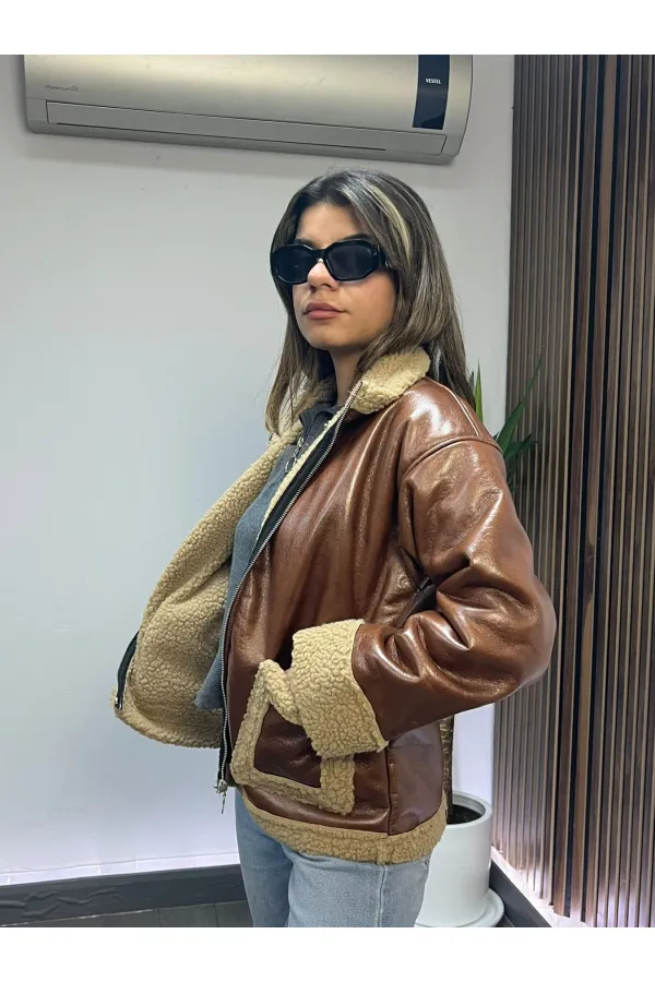 Kadın Taba Içi Kürklü Önden Fermuarlı Suni Deri Mont HZL24W-BRC181001