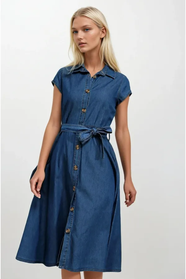 Kadın Denim Kısa Kollu Boydan Düğmeli Beli Kuşaklı Kot Gömlek Elbise Hzl22s-bd121761