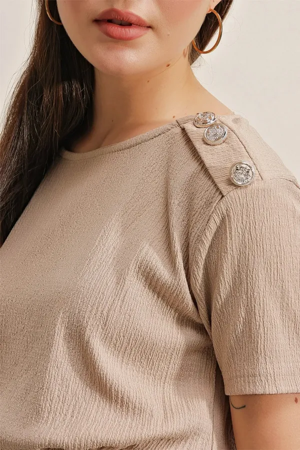 Women's Beige Elastic Waist Button Detailed Casual Knit Dress HZL22S-BD123751