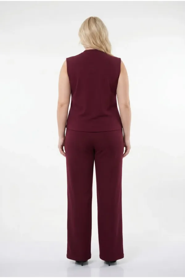Kadın Bordo Büyük Beden V Yaka Yelek Pantolon İkili Takım HZL26S-PR12131