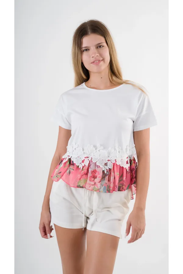 Kadın Beyaz Dantel Çiçek Desenli Bisiklet Yaka Bluz HZL24S-YY256