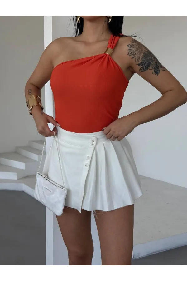 Chemisier orange asymétrique pour femme, détails en métal doré, HZL25S-FRY123111