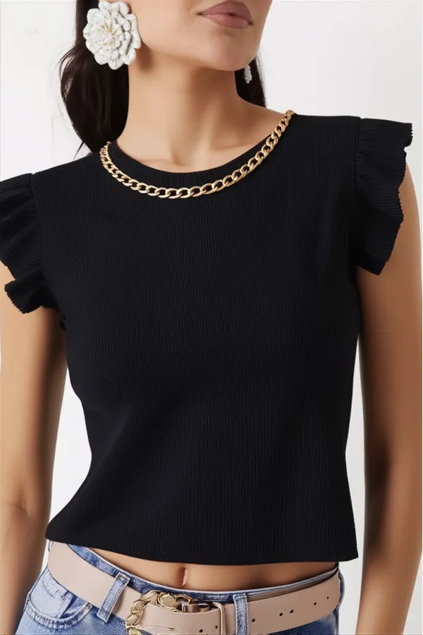 Kadın Siyah Fırfır Kollu Zincir Kolyeli Örme Bluz HZL22S-BD104301