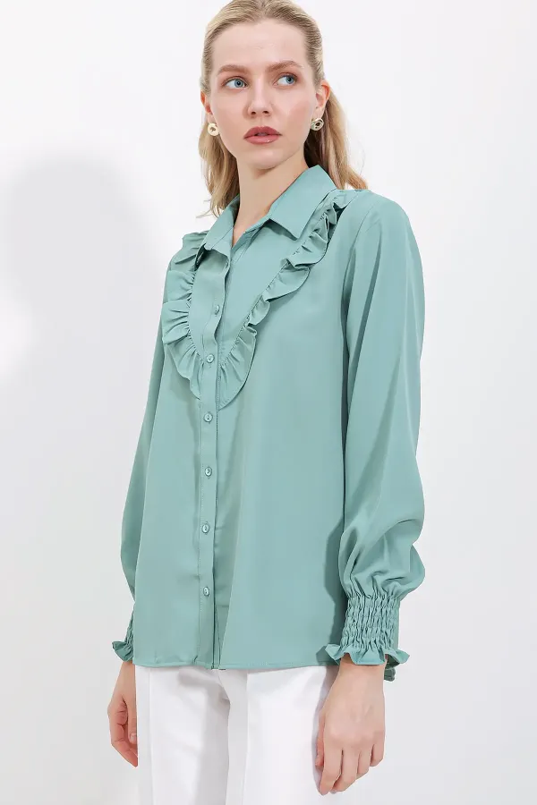 20223 Ruffled Long-Sleeve Shirt - Light Green