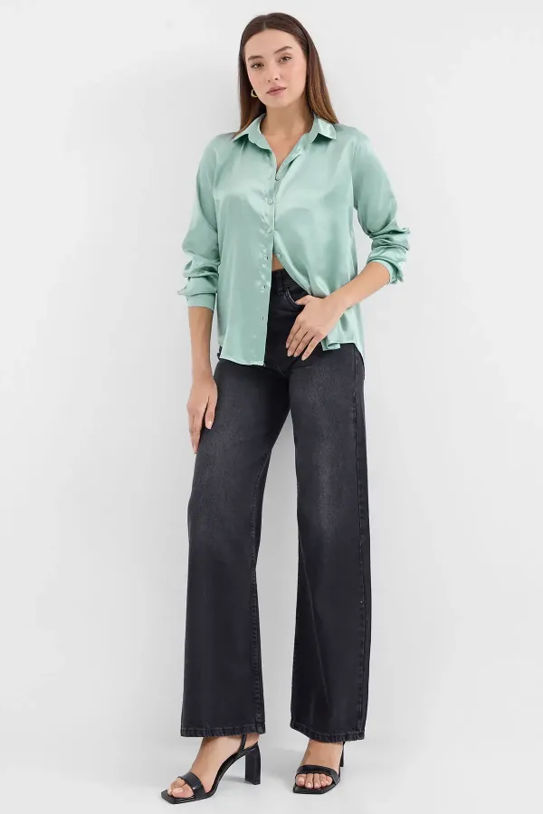 3964 Lightly Draped Satin Shirt - Light Green