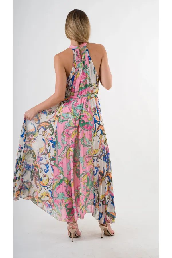 Kadın Çok Renkli Bloklu Yaprak Desenli Halter Yaka Kuşaklı Astarlı Uzun Elbise HZL24S-YY233