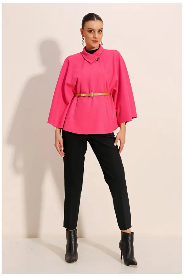 Kadın Fuşya Hakim Yaka Kemer Detaylı Kaşe Panço  HZL24W-BD191341