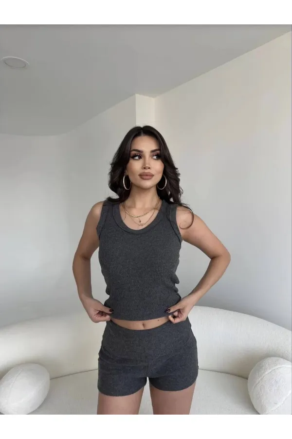 Kadın Antrasit Bel Katlamalı Şortlu Bluz Basic Takım HZL25W-ZK11191