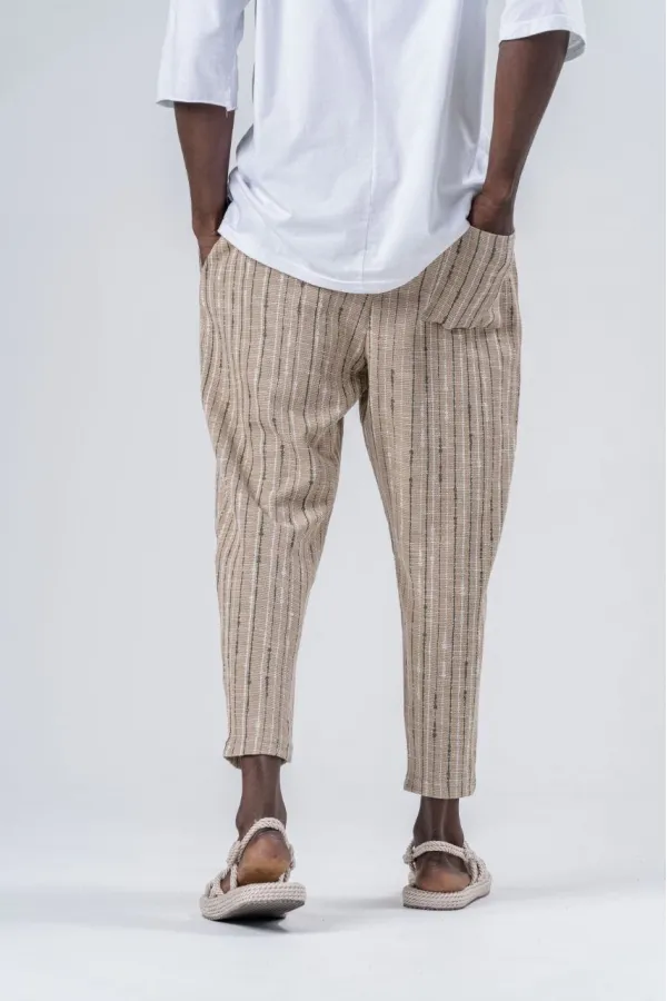 Pantalon de survêtement coupe droite à rayures camel pour homme, avec ceinture nouée à la taille, HZL24S-MXC8948-203