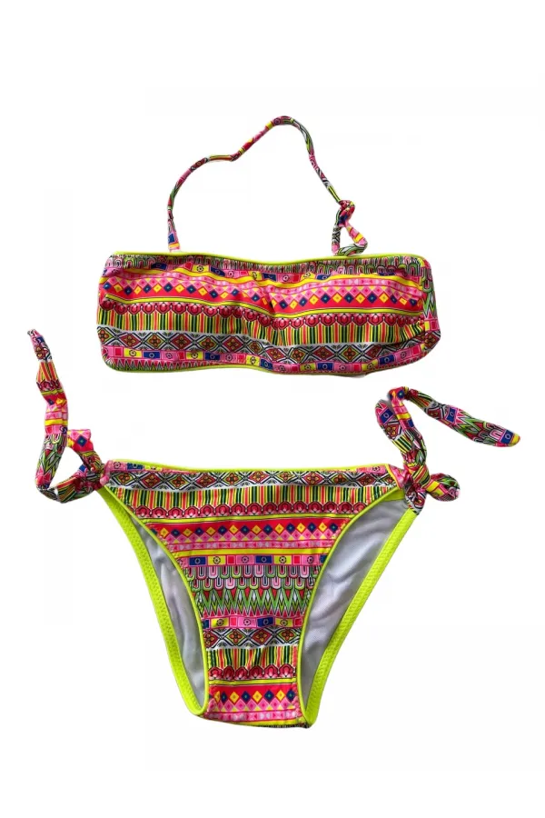 Kız Çocuk Neon Sarı Çok Renkli Astarlı 4-12 Yaş Straplez Bikini Takım HZL24S-LC6355