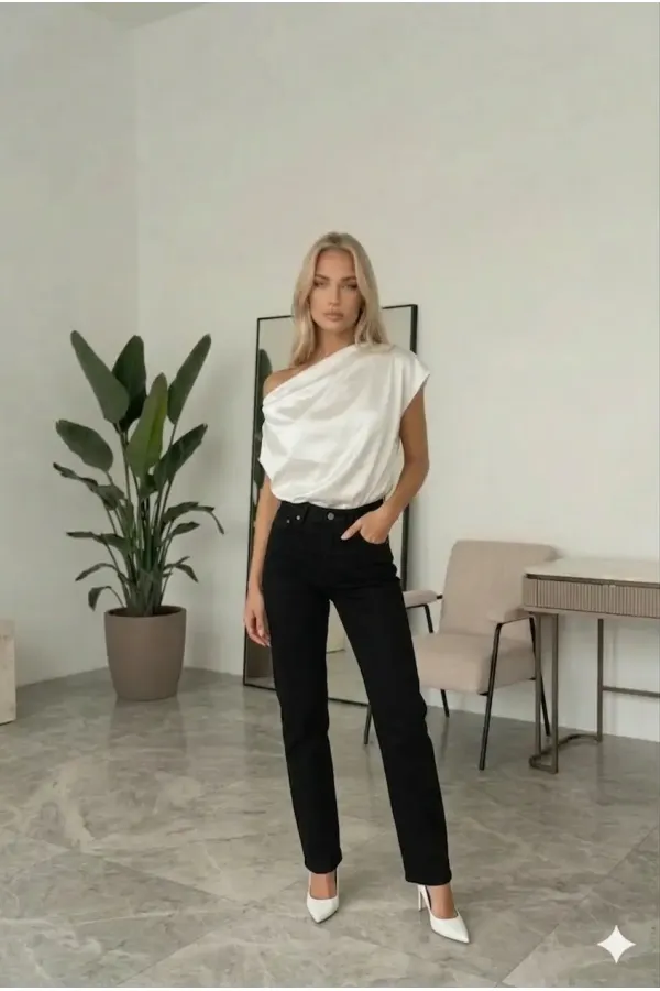 Women's White One-Shoulder Asymmetrical Satin Blouse HZL26W-FRY121171