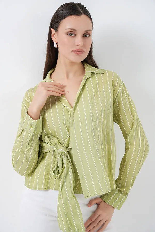 Women's Front Tie Striped Shirt 20362 - Dark Green