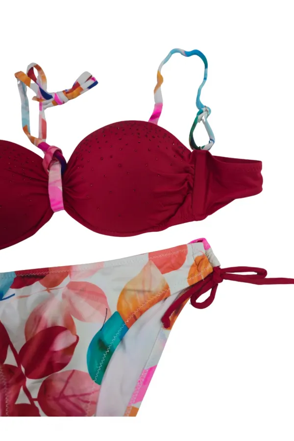 Ensemble bikini doublé orné de pierres rouges pour femme HZL25S-LC207