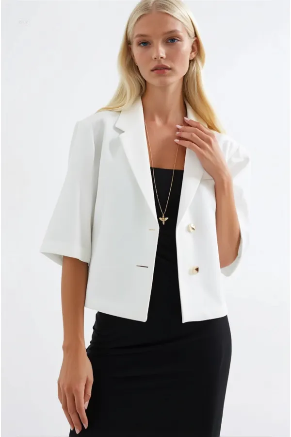 Veste Ayrobin blanche à manches courtes et col châle pour femme, boutonnée, en lin de saison, HZL24S-BD107061