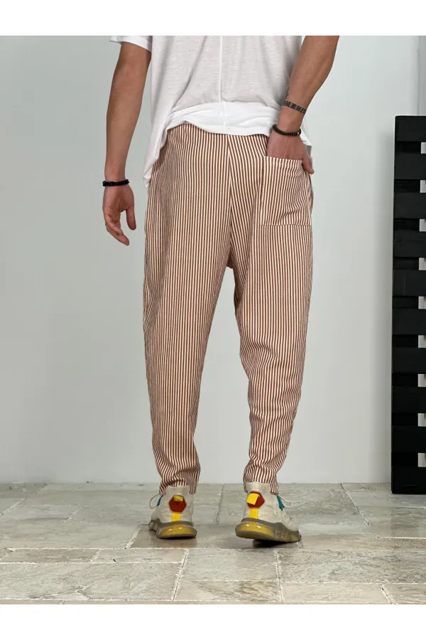 Erkek Taba Beyaz Çizgili Beli İp Bağlamalı Düz Kesim Cepli Pantolon Eşofman Altı HZL24S-MXC8948-179