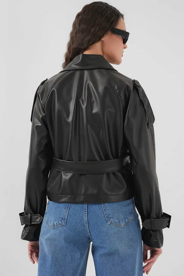 Veste en similicuir doublée noire avec ceinture pour femme HZL25W-BD110461