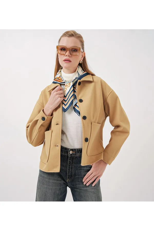 Kadın Camel Düğmeli Cepli Kısa Kaşe Ceket HZL25W-BD107131