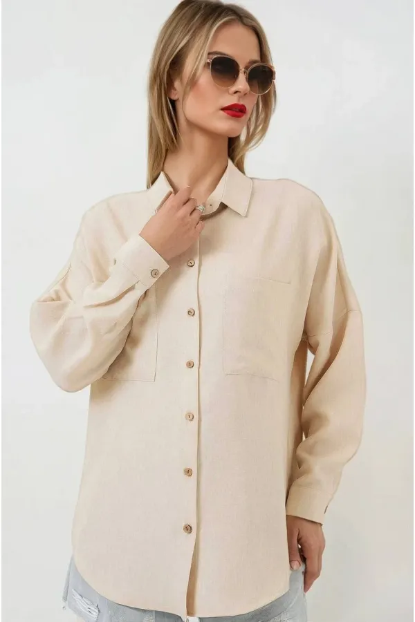 Kadın Bej Oversize Çift Cepli Keten Gömlek HZL22S-BD1201261