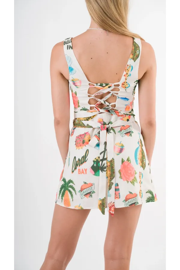 Kadın Krem Tropical Desenli Askılı Sırt Bağlamalı Kuşaklı Mini Elbise HZL24S-YY297