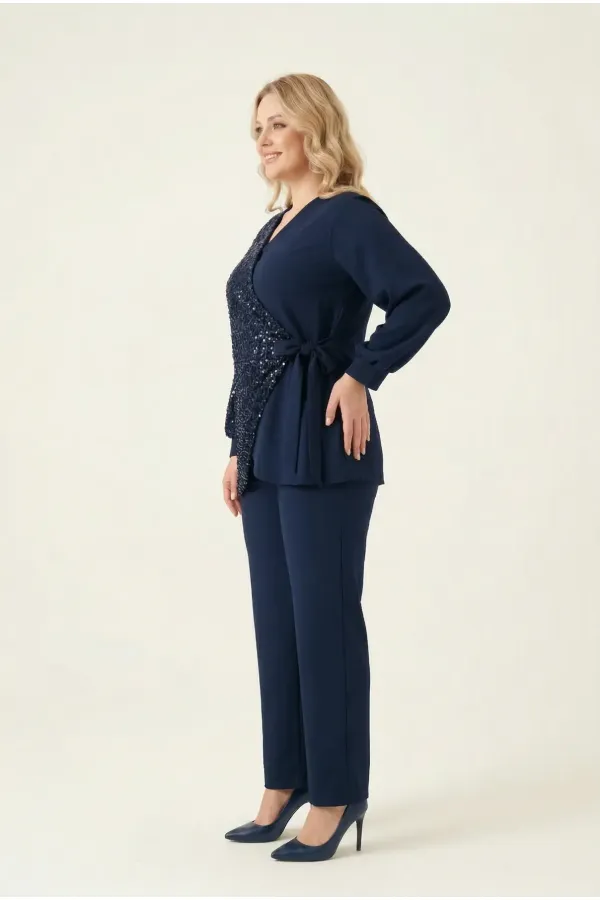 Kadın Lacivert Büyük Beden Payet Detaylı Pantolon Bluz Abiye Takım HZL26W-PR10011